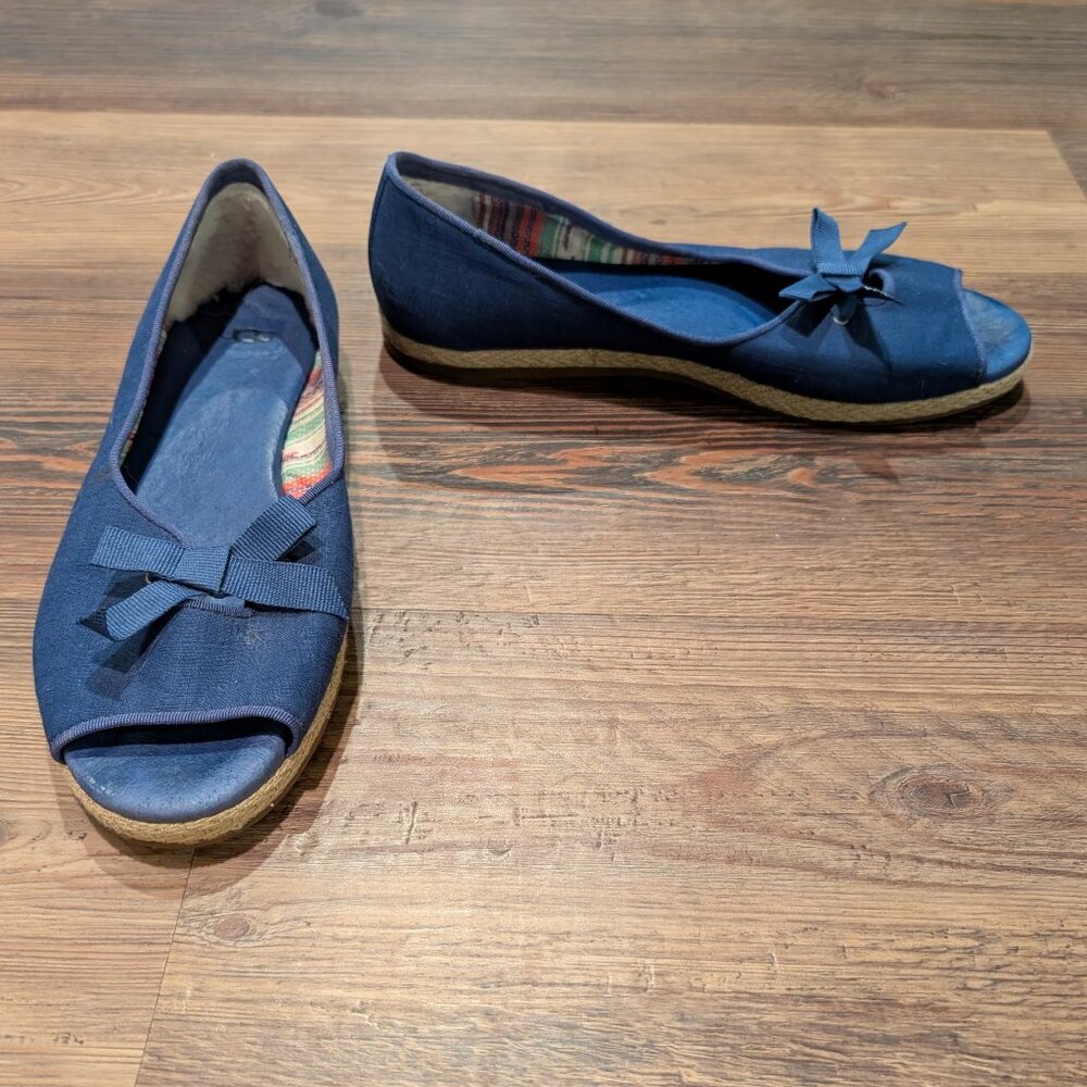 UGG Blue Marleigh Open Toe Bow Canvas Fur Lined Heel Flats